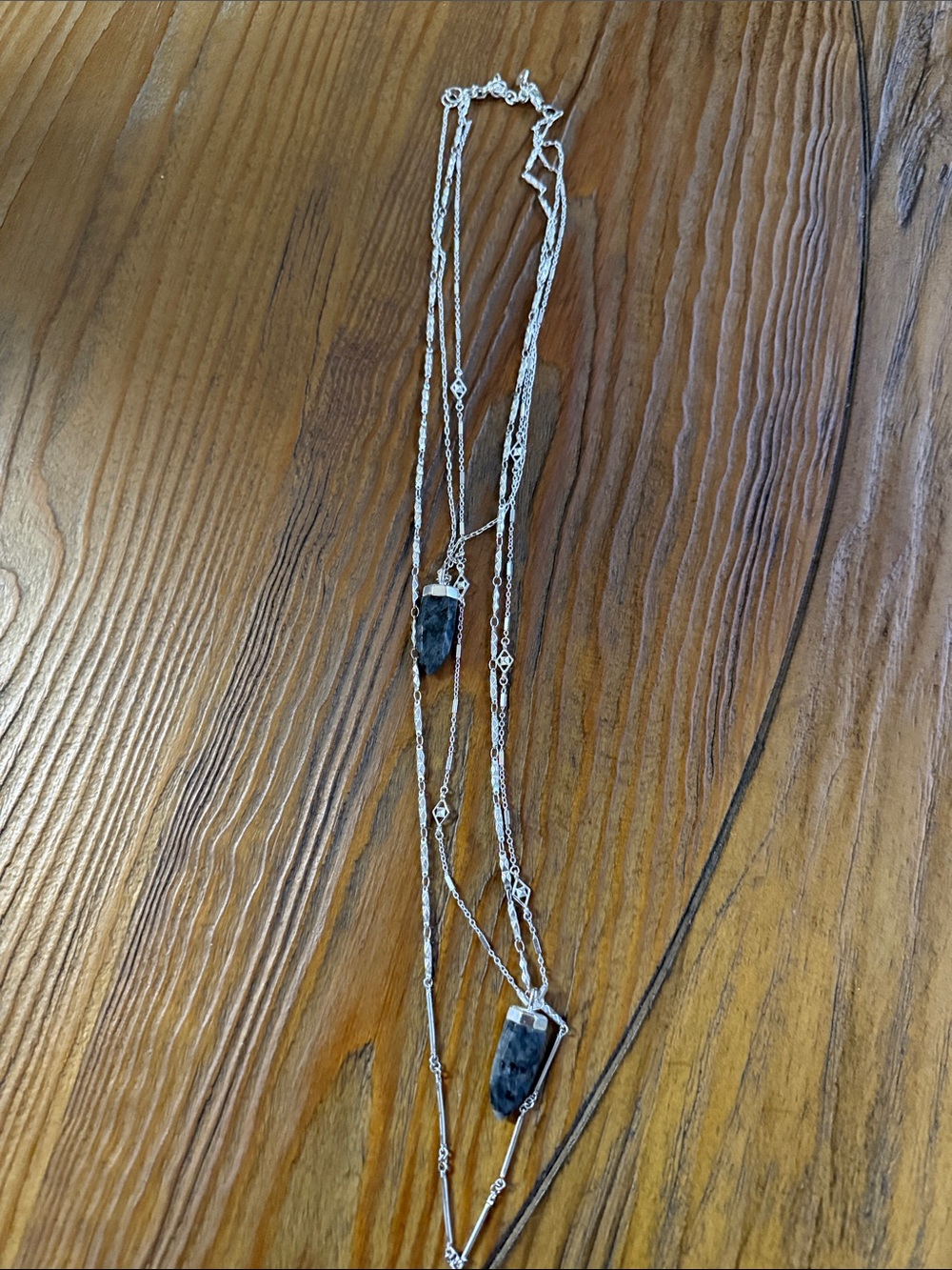 Sterling Silver Layered Necklace with Blue-Black Stone Pendant